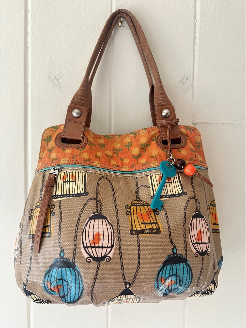 Fossil KeyPer Bird Cage Print Coated Canvas Hobo Shoulder Bag Original Key Charm